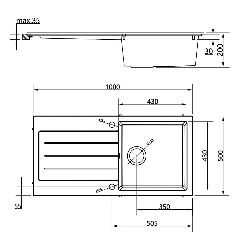 Ellsi Undermount Kitchen Sink and Drainer with Waste 1000mm L x 500mm W - Grey, PDT-000076 Ellsi