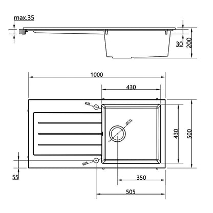 Ellsi Undermount Kitchen Sink and Drainer with Waste 1000mm L x 500mm W - Grey, PDT-000076 Ellsi