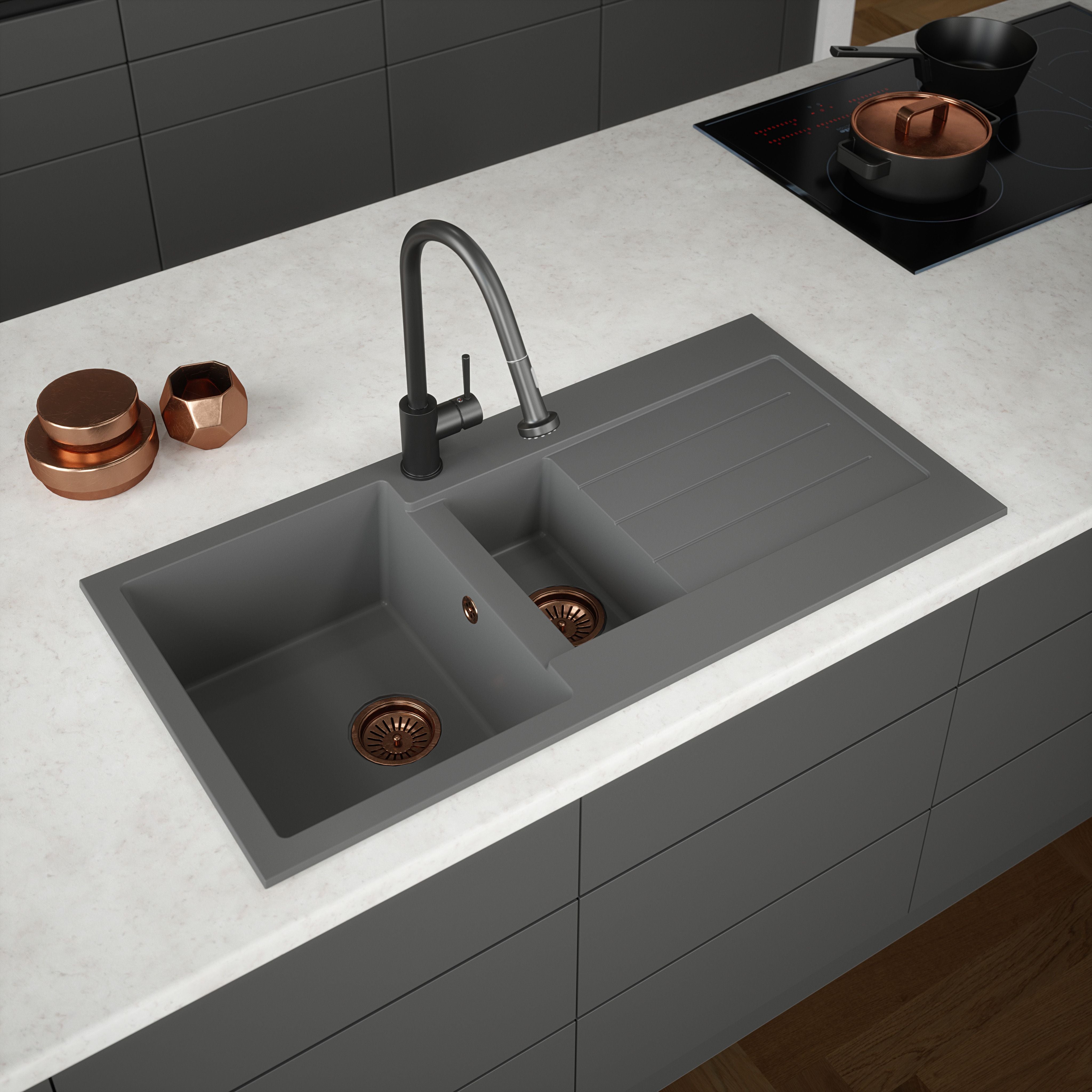 Ellsi Inset 1.5 Bowl Kitchen Sink and Drainer with Waste 1000mm L x 500mm W - Grey, PDT-000077 Ellsi