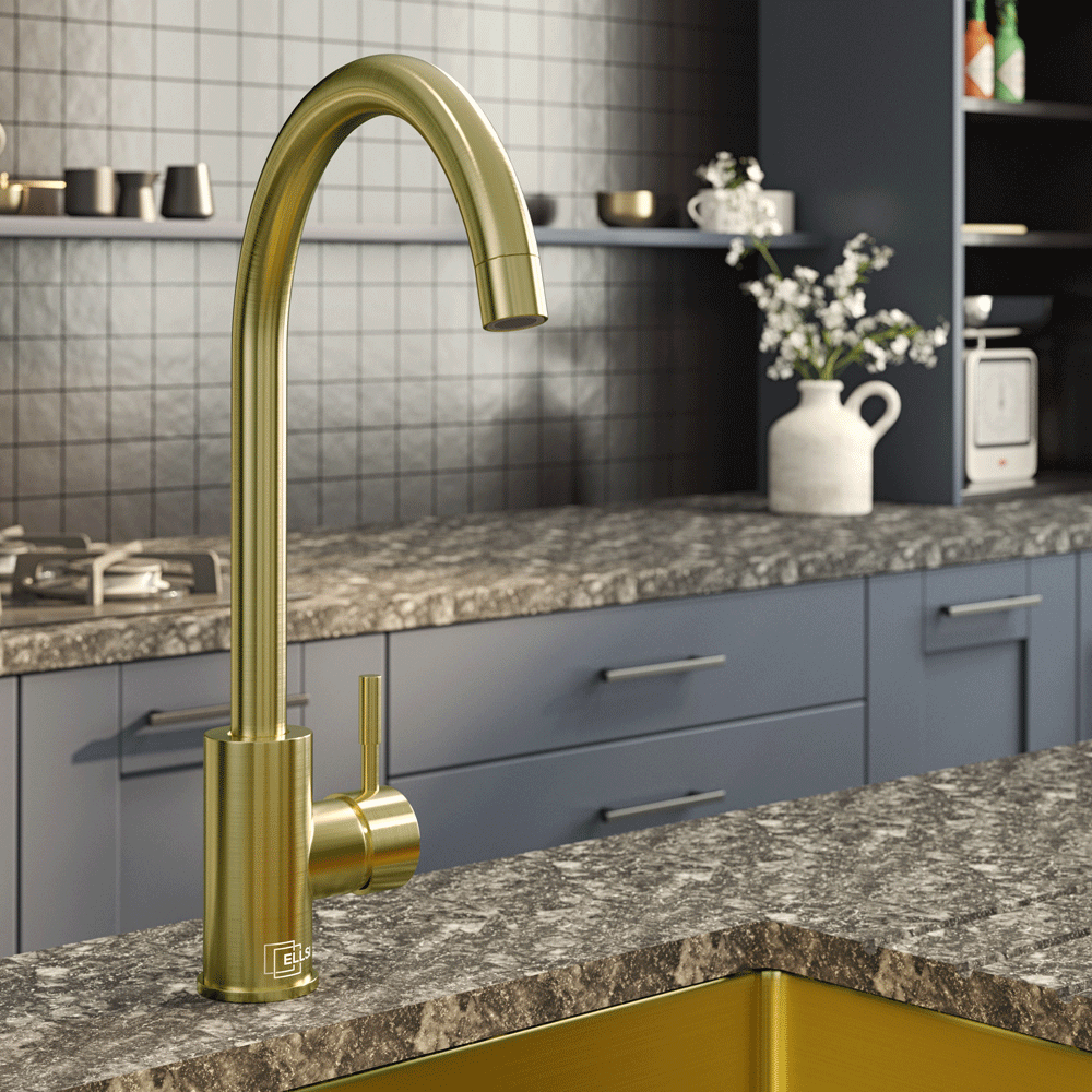 Ellsi Tivoli Single Lever Kitchen Sink Mixer Tap with Swivel Spout - Brushed Brass, PDT-000542 Ellsi