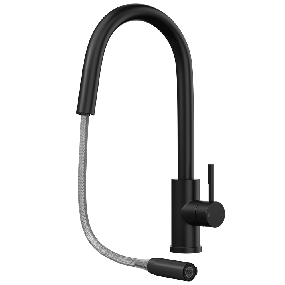 Ellsi Velia Pull Out Single Lever Kitchen Sink Mixer Tap - Matt Black, PDT-000457 Ellsi