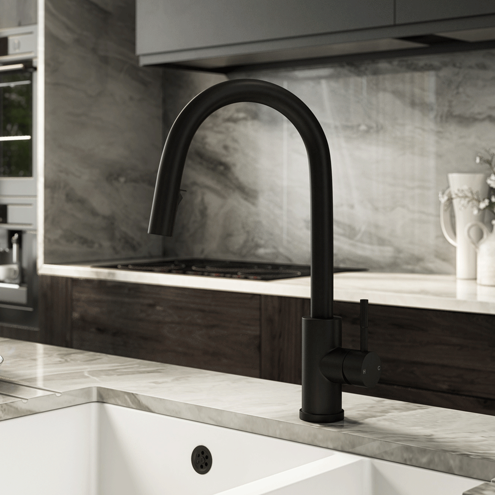 Ellsi Velia Pull Out Single Lever Kitchen Sink Mixer Tap - Matt Black, PDT-000457 Ellsi