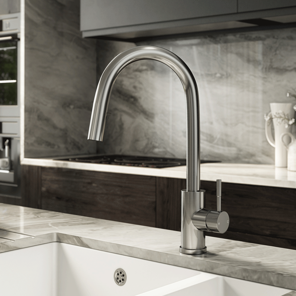 Ellsi Velia Pull Out Single Lever Kitchen Sink Mixer Tap - Brushed Steel, PDT-000458 Ellsi