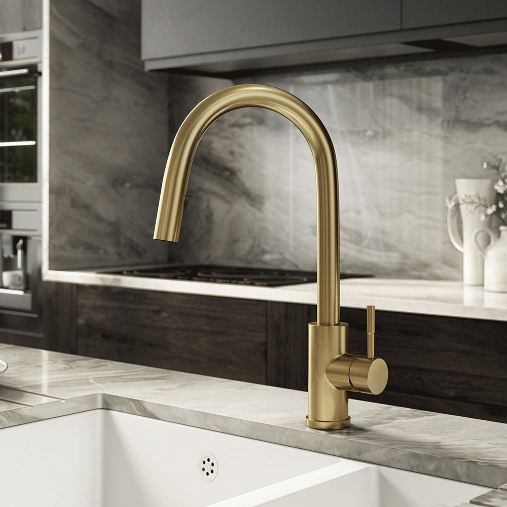 Ellsi Velia Pull Out Single Lever Kitchen Sink Mixer Tap - Brushed Brass, PDT-000459 Ellsi