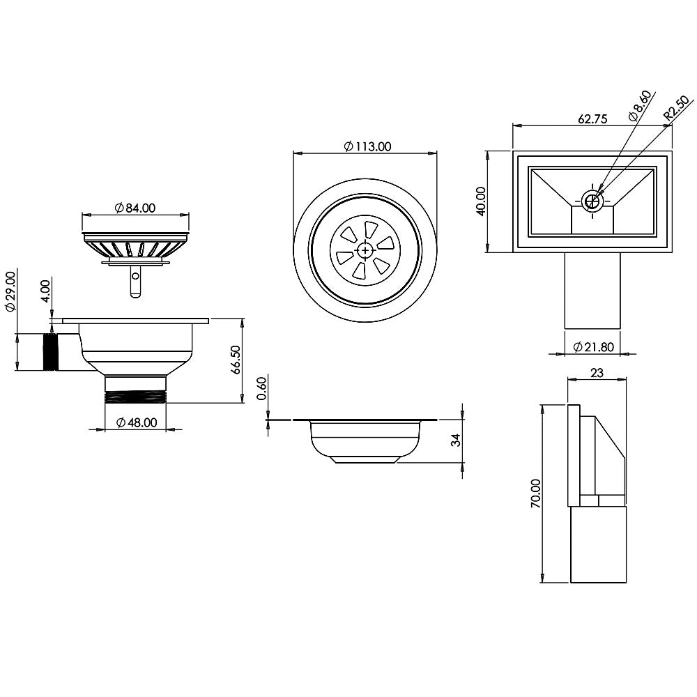 Ellsi Basket Strainer Waste with Rectangular Overflow - Chrome, PDT-000065 Ellsi