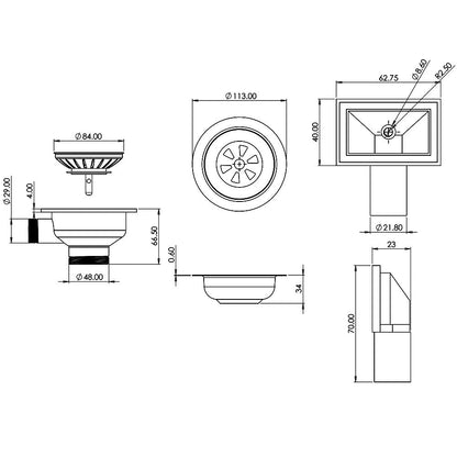 Ellsi Basket Strainer Waste with Rectangular Overflow - Chrome, PDT-000065 Ellsi