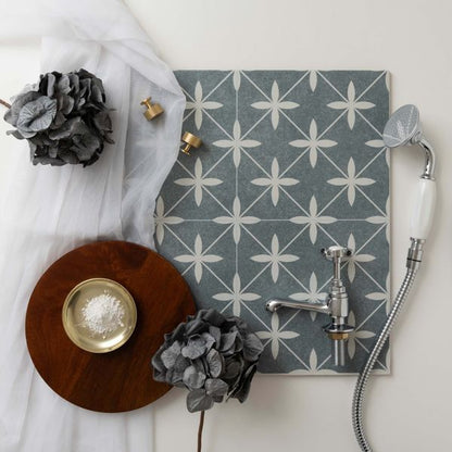 Dove Blue and White Matt Patterned Floor Tiles
