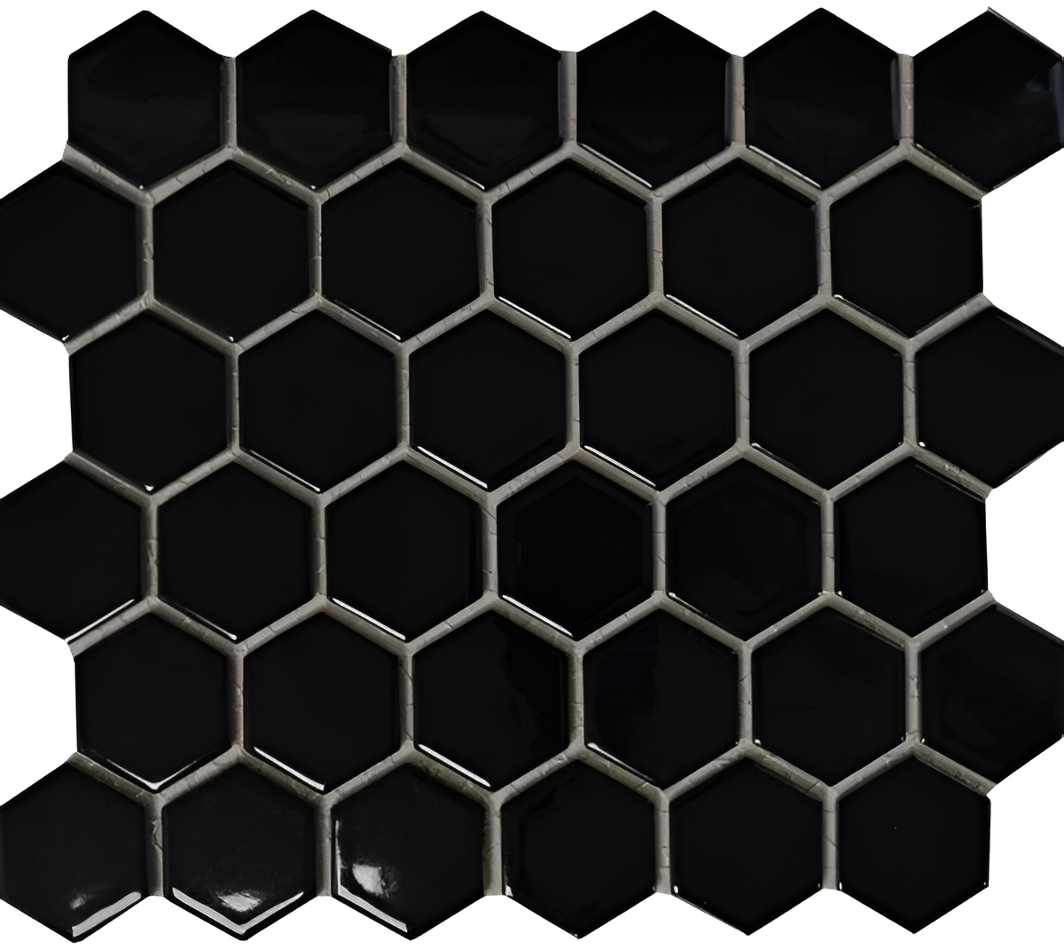 Noir Hexagon Mosaic Tile https://www.wallsandfloors.co.uk/pixel-black-hexagon-gloss-50x50-mosaic-tiles