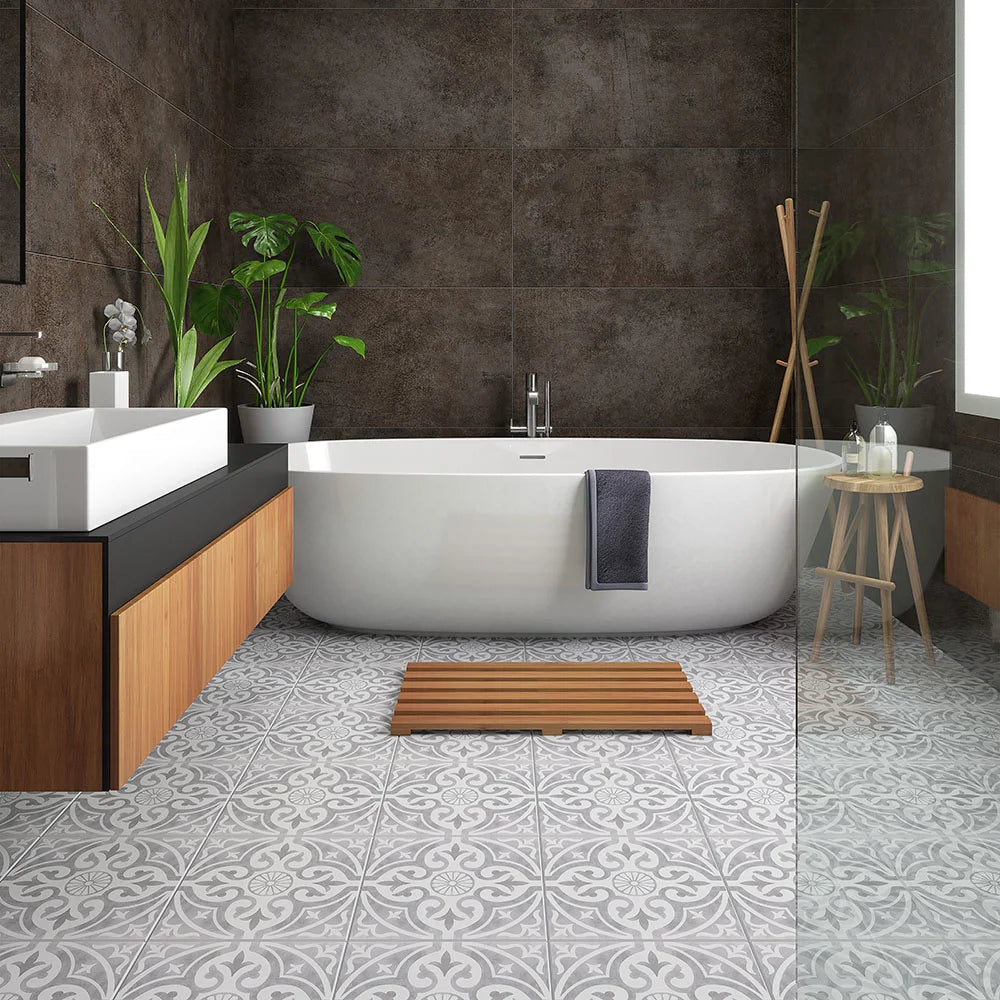 Kingsbridge Silver Patterned Wall and Floor Tiles - 330 x 330mm https://www.tiles-direct.com/wall-tiles-c26/laura-ashley-tiles-c1288/devonstone-black-feature-33cm-x-33cm-floor-tile-p2289