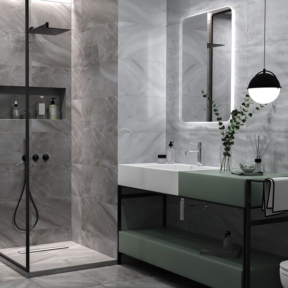 Charcoal Wave Dark Grey Gloss Marble Effect 600x300mm Ceramic Wall Tiles TilesDecor