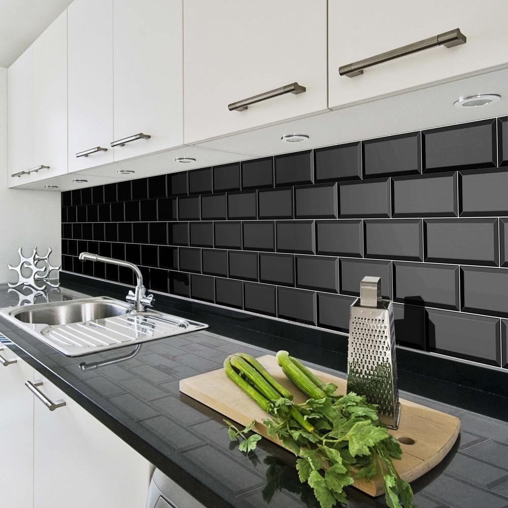 Metro Black Gloss Bevelled Brick Tile (10 x 20cm) Brooke MB1020