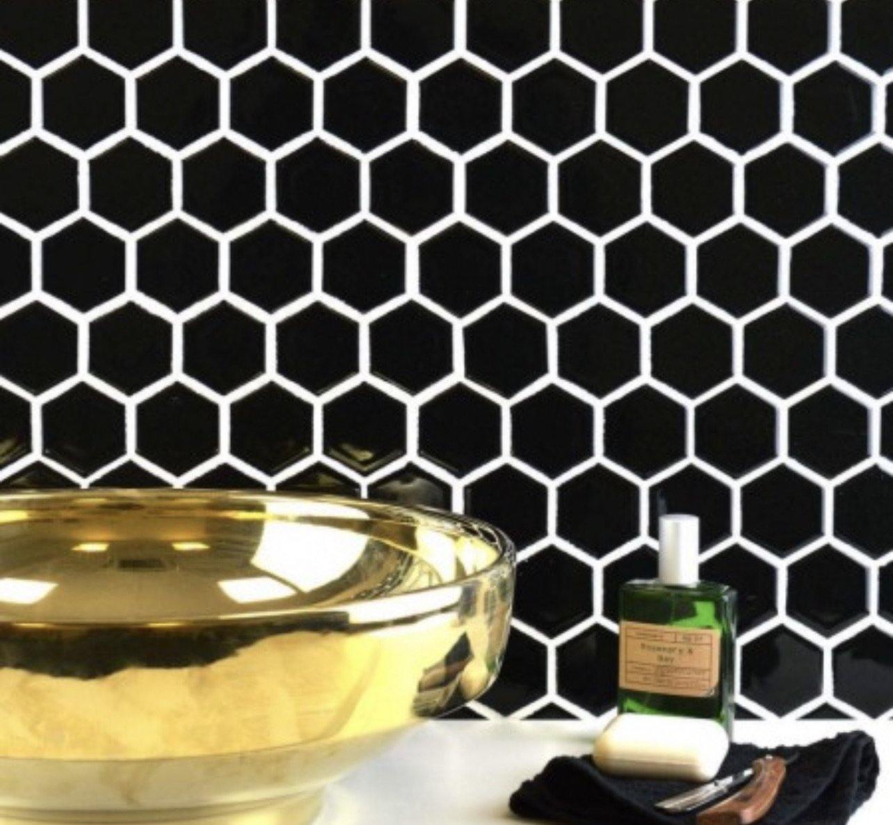 Nickel Noir Hexagon Tile (32.5 x 28.2cm) https://www.wallsandfloors.co.uk/pixel-black-hexagon-gloss-50x50-mosaic-tiles