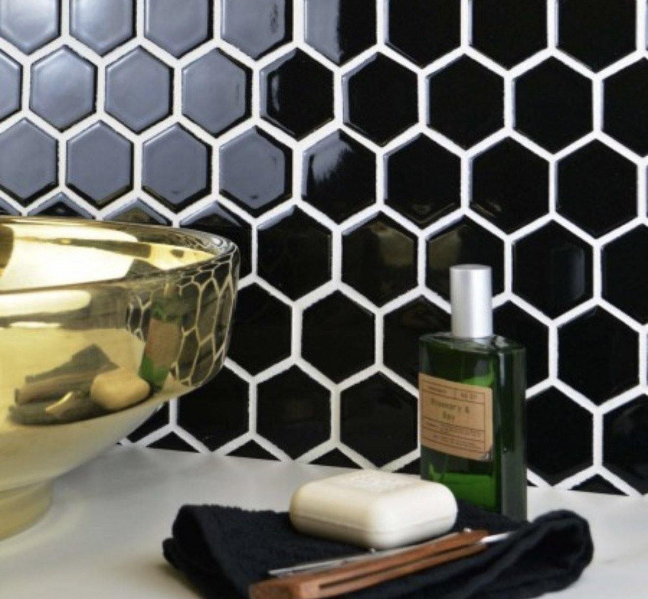 Nickel Noir Hexagon Tile (32.5 x 28.2cm) https://www.wallsandfloors.co.uk/pixel-black-hexagon-gloss-50x50-mosaic-tiles