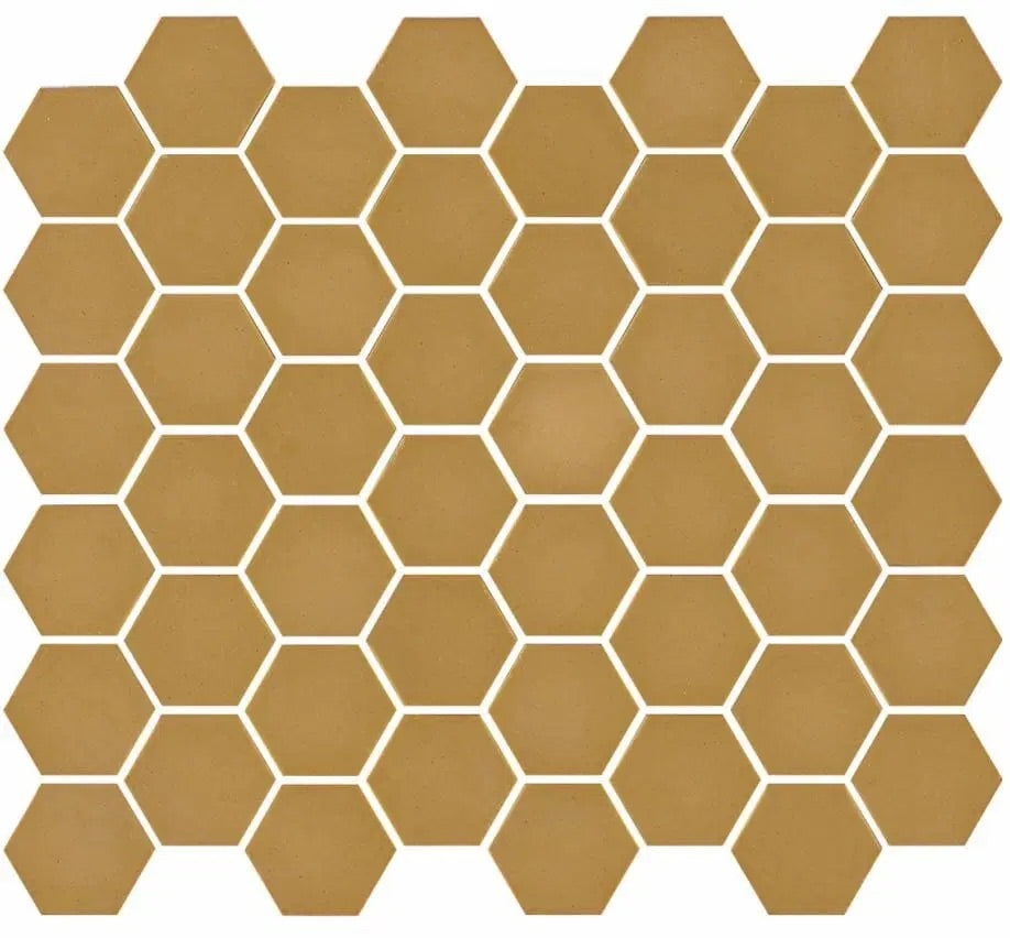 Gold Matt Hexagon Mosaic Tile (27.8 x 32.5cm) https://lovemosaic.co.uk/product/emotion-yellow-matt-hexagon-mosaic-tile/