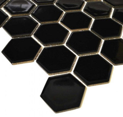 Nickel Noir Hexagon Tile (32.5 x 28.2cm) https://www.wallsandfloors.co.uk/pixel-black-hexagon-gloss-50x50-mosaic-tiles