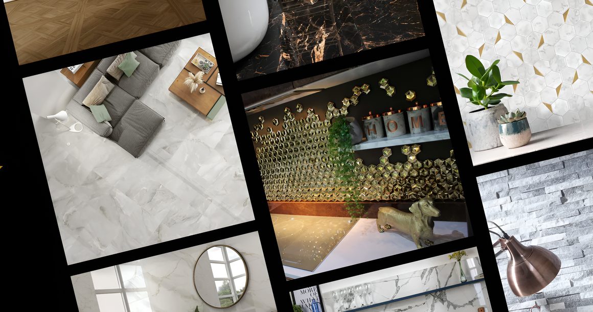 Collage of Tiles Decor marble, mosaic, wood effect and split face tiles in real homes
